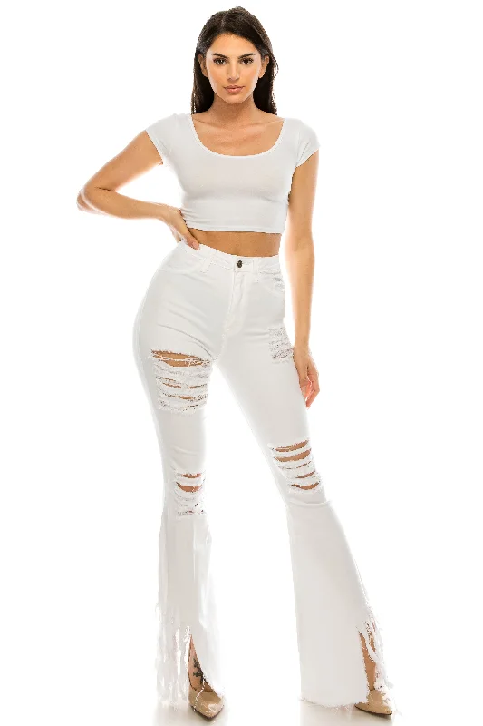 2049 Women's High Waisted Destroyed Raw Hem Frayed Flare Jeans