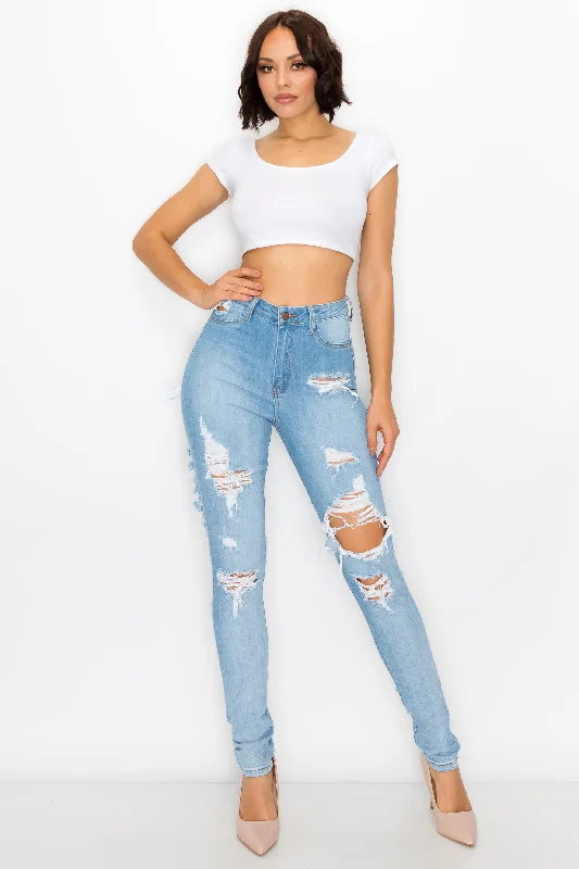 4877 Women's High Waisted Distressed Skinny Jeans with Cut Outs