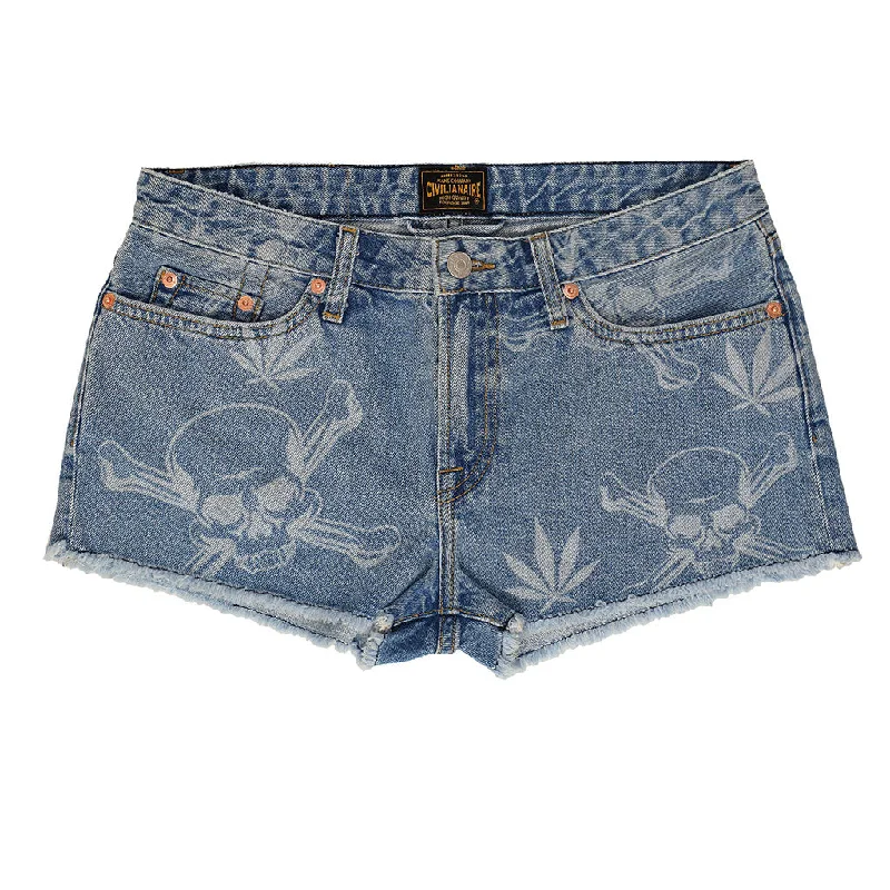 5 pocket Cut-Off  Boyfriend 10.5 oz Shorts - Med WASH - LASER SKULL & LEAF PRINT