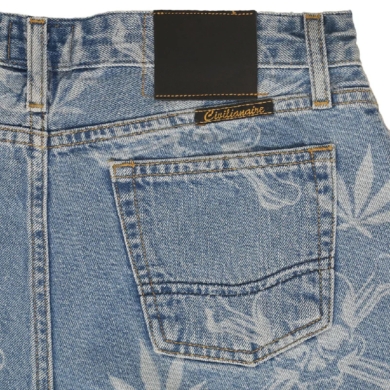 5 pocket Cut-Off  Boyfriend 10.5 oz Shorts - Med WASH - LASER SKULL & LEAF PRINT