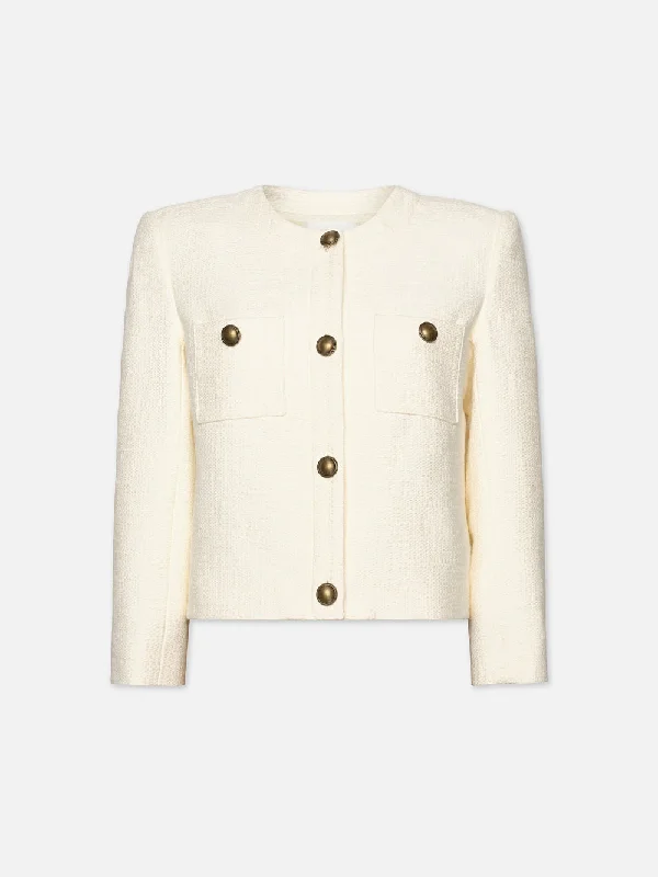 Collarless Button Front Jacket -- Cream