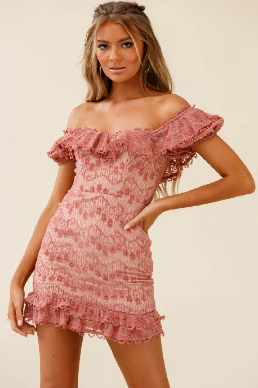 Bobby Bardot Neckline Floral Lace Overlay Dress Rose