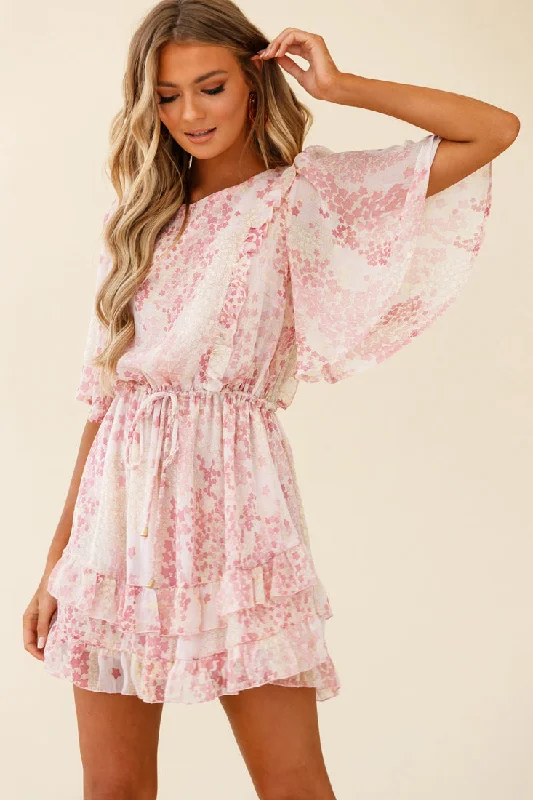 Stars Aligned Angel Sleeve Drawstring Waist Dress Star Print Pink