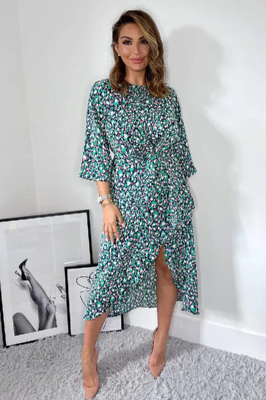 Kath Navy Green and Pink Tie Front Midi Dress