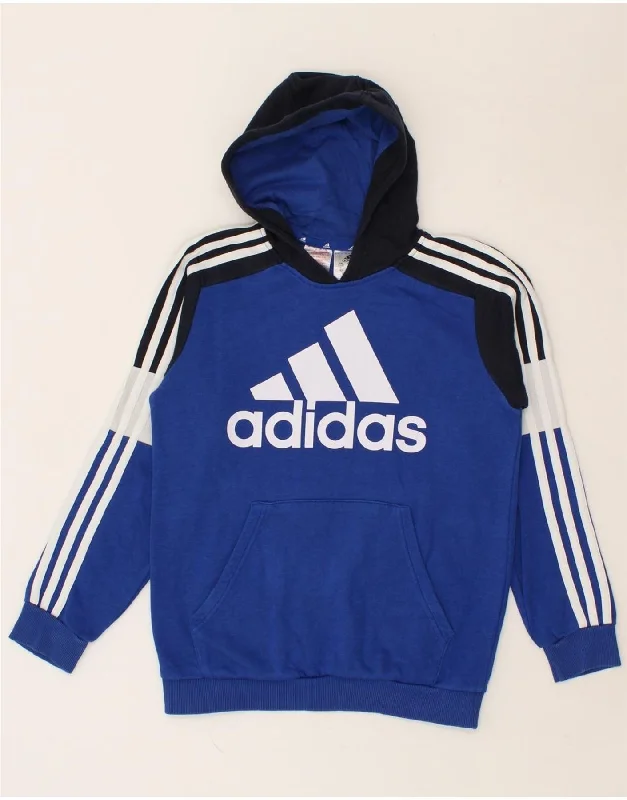 ADIDAS Boys Graphic Hoodie Jumper 11-12 Years Blue Colourblock Cotton