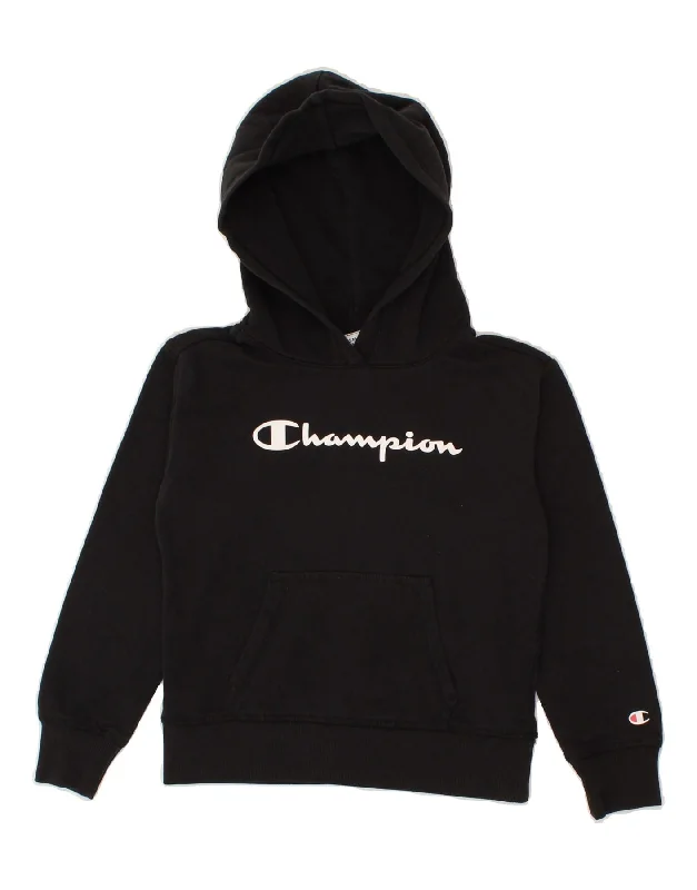 CHAMPION Boys Graphic Hoodie Jumper 7-8 Years Small Black Cotton