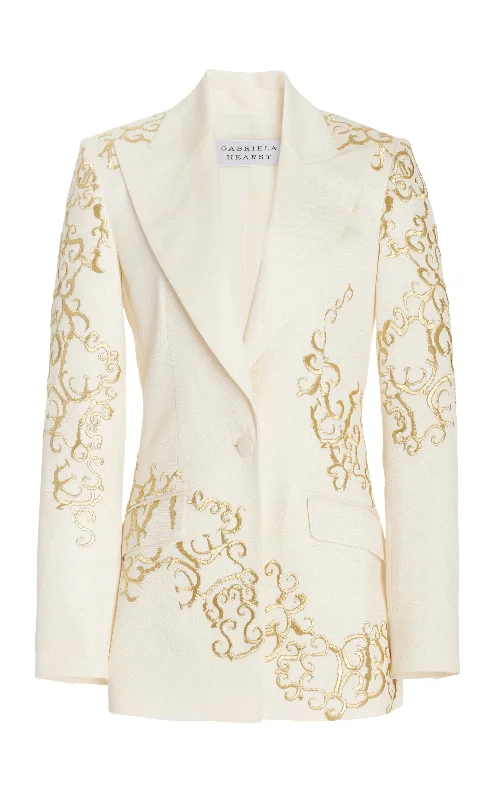 Leiva Embroidered Blazer in Ivory Textured Linen