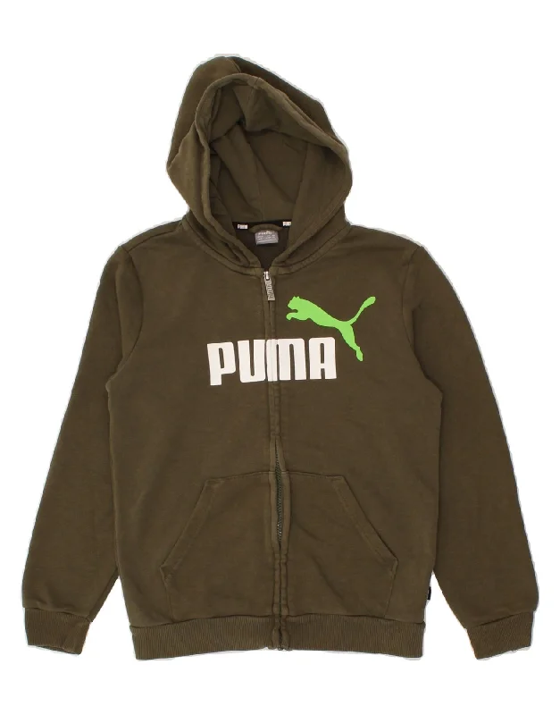 PUMA Boys Graphic Zip Hoodie Sweater 11-12 Years Khaki Cotton